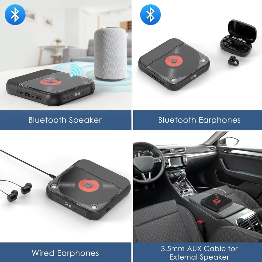 Bytelike Tragbarer Bluetooth-CD-Player mit USB-C-Schnellaufladung in Schwarz - Bild 3
