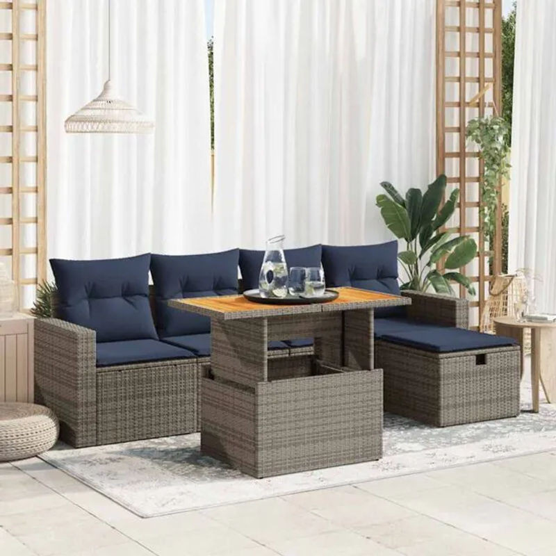 6-tlg. Garten-Sofagarnitur aus Polyrattan und Akazie mit Kissen in Grau von vidaxl - Bild 1