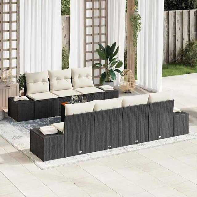 vidaXL Garten-Sofa-Set 8-teilig aus Poly-Rattan und Akazienholz in Schwarz-Creme mit Kissen - Bild 1