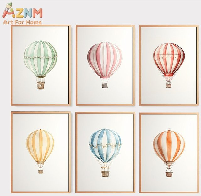 AZNM Aquarell-Heißluftballon Leinwand-Wandkunst in Pastellfarben für das Kinderzimmer, mehrfarbig, ohne Rahmen - Bild 1
