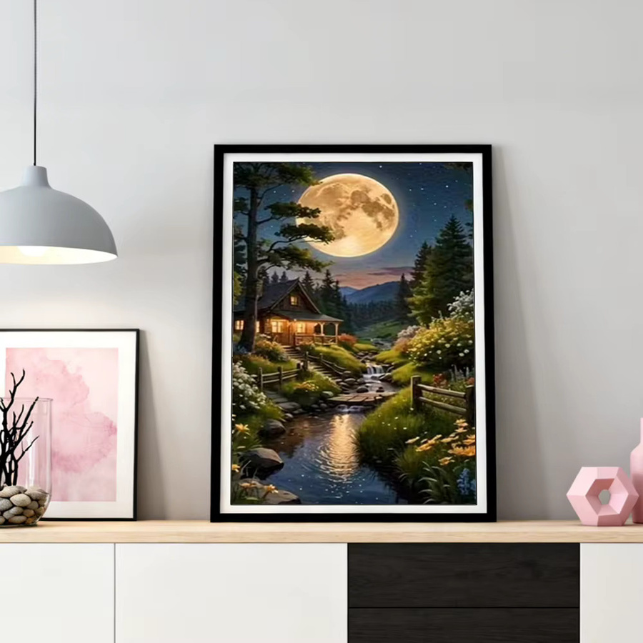 HUACAN Diamant-Mosaik Set 5D Haus und Landschaft mit Mond Motiv, Multicolor, B/H: 30,0 x 20,0 cm - Bild 3