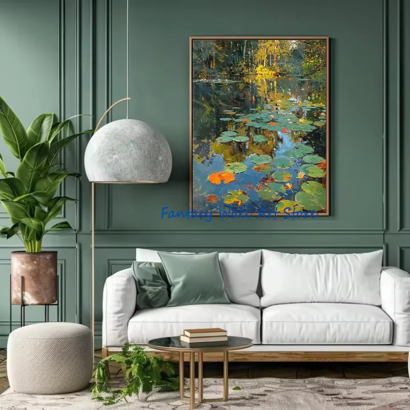 Potdemiel Leinwand Wandbild Mittelmeer Landschaft mit Lotusblüten und Fluss in Mehrfarbig - Bild 2