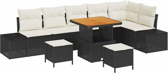 vidaXL Garten-Sofa-Set 9-teilig aus Poly-Rattan und Stahl in Schwarz mit Kissen und Akazienholz-Tisch - Bild 1