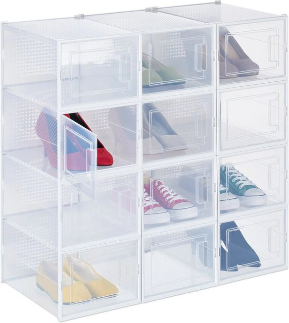 Relaxdays Schuhboxen 12er Pack aus Kunststoff, transparent und weiß, stapelbar, B: 19,5 cm, T: 25 cm, H: 35 cm - Bild 1