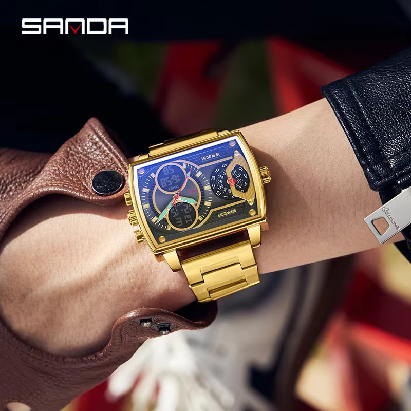 SANDA Armbanduhr Digitaluhr, Edelstahl, Gold, Herren, Eckig - Bild 2