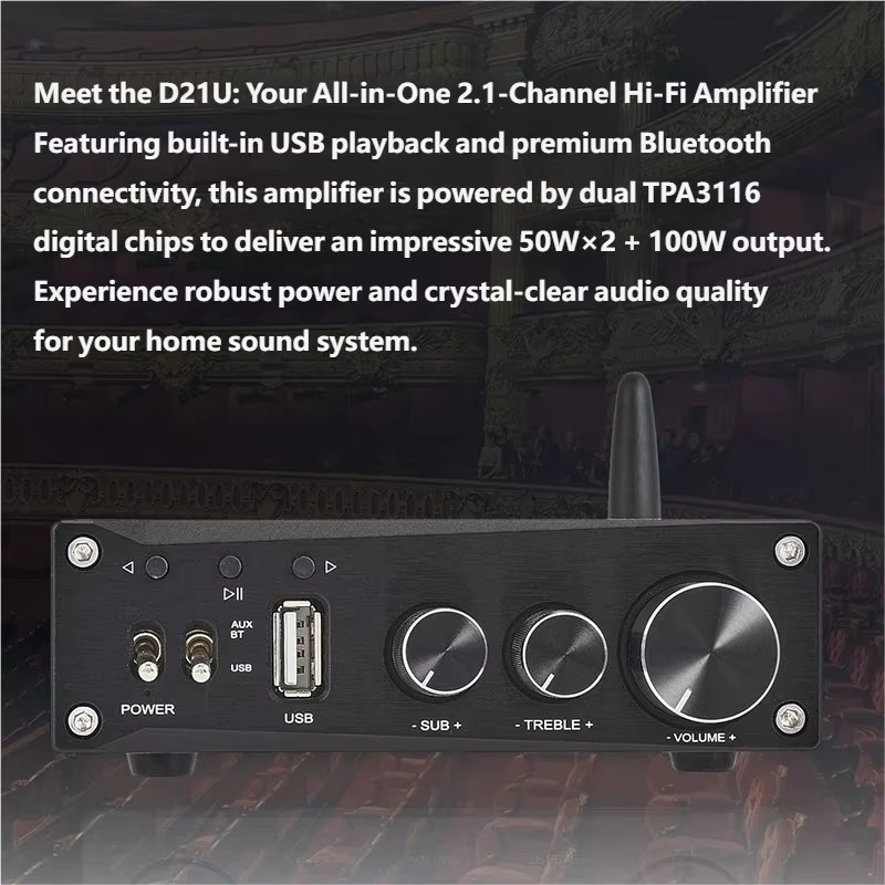 YJCO D21U Digitaler 2.1-Kanal HiFi Leistungsverstärker mit Bluetooth 5.1 und USB-Wiedergabe, 50W*2+100W - Bild 2