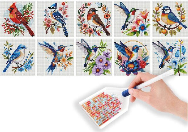 HUACAN 10er Set Diamant-Mosaik Tier-Neuheiten in Form von Vögeln, rund, Multicolor - Bild 1