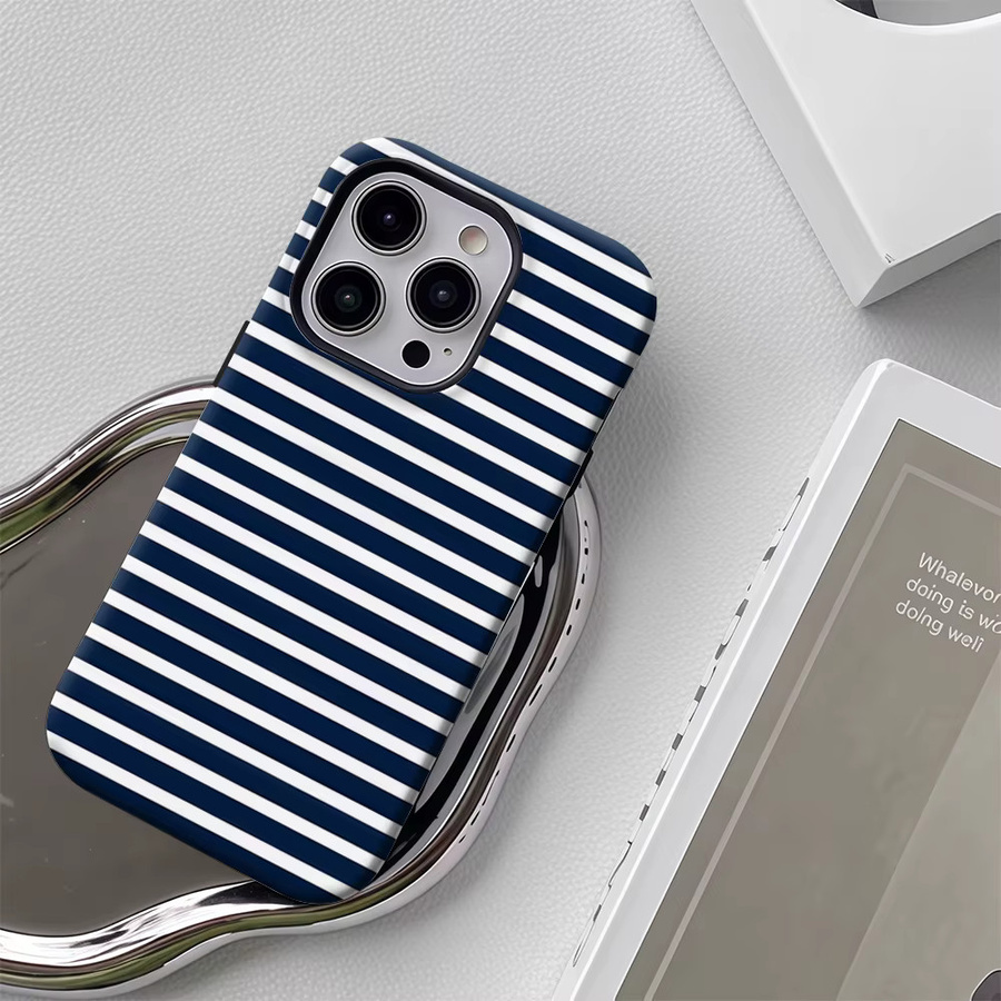 Luxuriöse doppellagige Handyhülle mit marineblauen und weißen Streifen für iPhone 17, 16, 15, 14, 13, 12, 11 Pro Max Plus X XS XR XSMAX Air - Bild 4