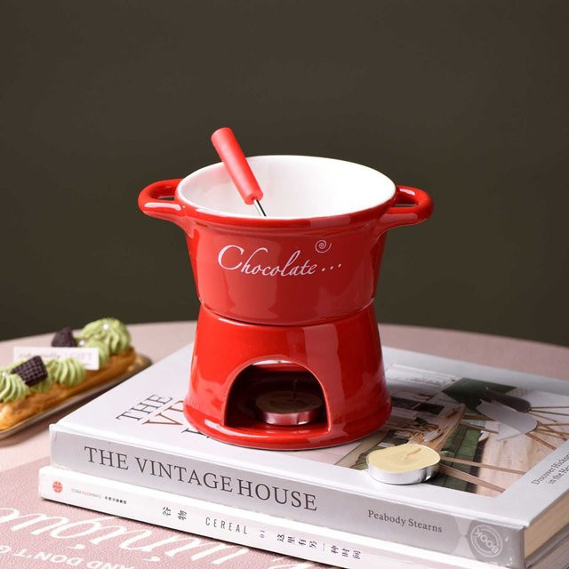 Yiran Furniture Hot Pot Tasse mit Gabel und roter Keramikatmosphäre für Eiscreme, Käse oder Schokoladenschmelz, Weiß/Rot, 201-300ml - Bild 1