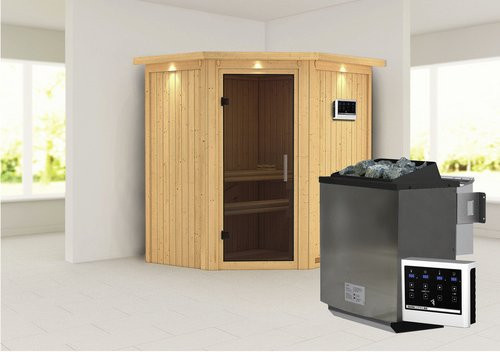 Karibu Narva Bio-Kombi-Sauna für 3 Personen mit 9 kW Saunaofen und externer Steuerung, beige - Bild 1