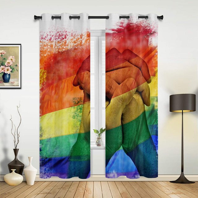 Bunte Regenbogen Vorhänge mit Herz-Streifen-Design für Wohnzimmer, Schlafzimmer oder Kinderzimmer, halbtransparent, Mehrfarbig, Breite: 100 cm, Höhe: 130 cm - Bild 1