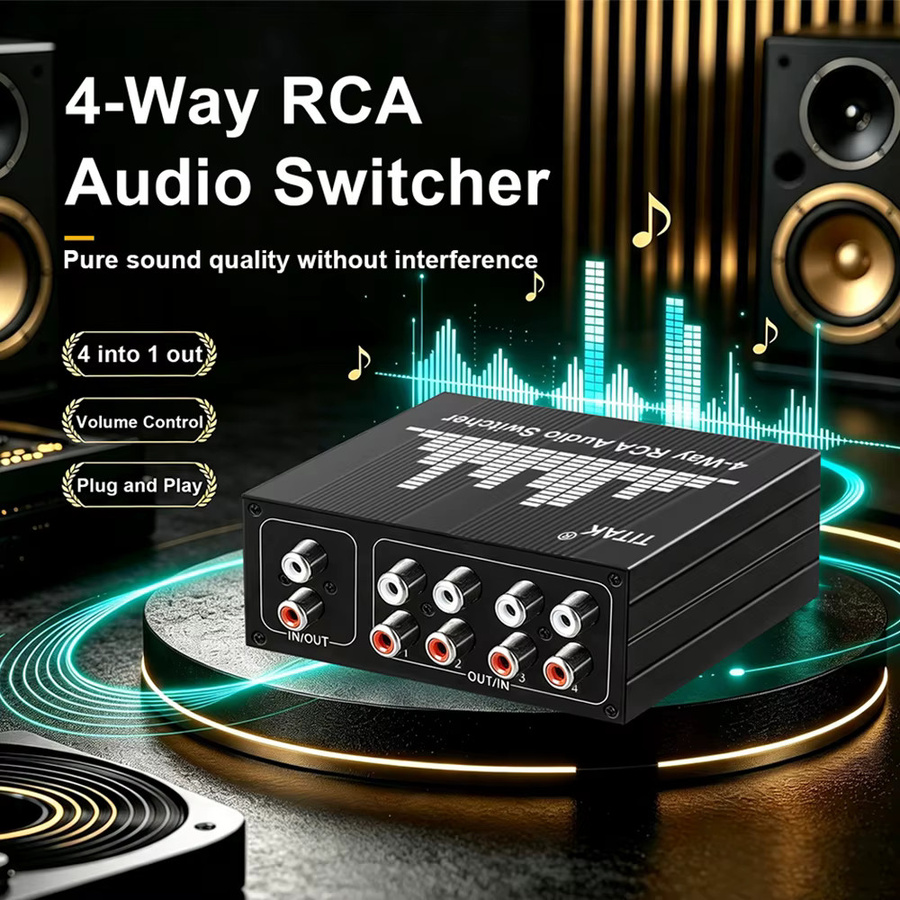 TITAK 4-Wege bidirektionaler RCA-Stereo-Audioschalter in Schwarz mit 1 Eingang und 4 Ausgängen oder 4 Eingängen und 1 Ausgang - Bild 2