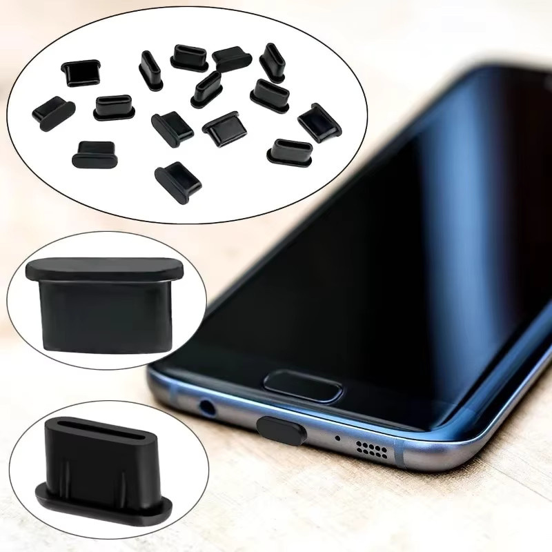 Silikon USB-C Staubschutz Kappen Set mit Reinigungsbürste in Schwarz für iPhone, Samsung, Xiaomi und Huawei - Bild 3