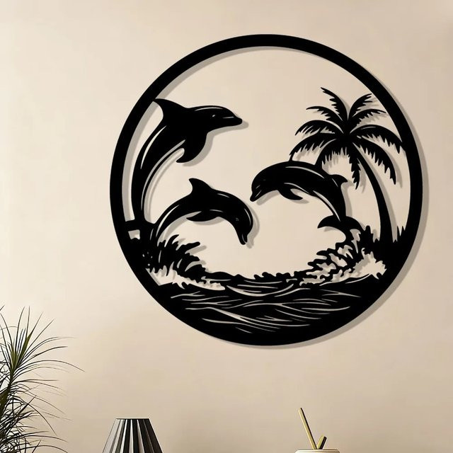 Wetterfeste Delfin-Wandkunst von CIFBUY aus Metall in Schwarz für Garten und Außenbereich - Bild 1