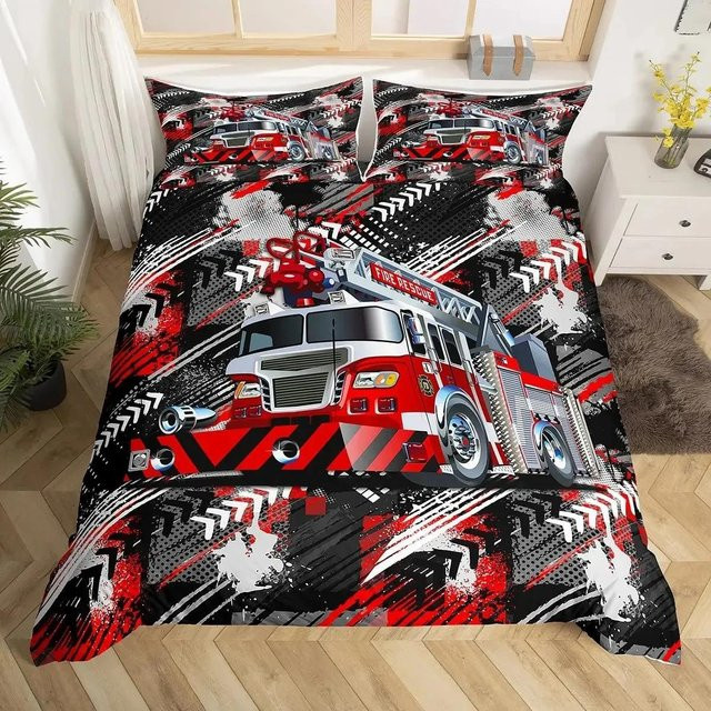 Lodestar Feuerwehr Auto Bettwäsche Set mit Deckenbezug und Kissenbezug in Rot, Wabenmuster und Fahrzeug-Design, Breite: 70 cm, Länge: 133 cm - Bild 1