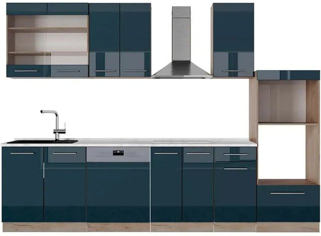 Vicco Küchenzeile Fame-Line Eiche Dunkelblau Hochglanz mit Arbeitsplatte Weiß-Marmor 300 cm - Bild 2