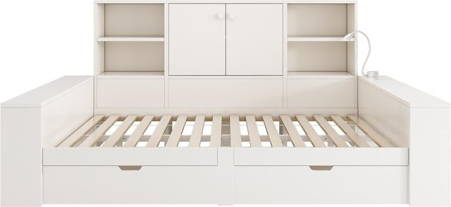 AB Store Modernes Stauraumbett mit USB-Ladeport, integrierter Leselampe und Nachttischablage, Weiß, H x B x T: 100 x 183 x 237 cm, Liegefläche 140 x 200 cm - Bild 1