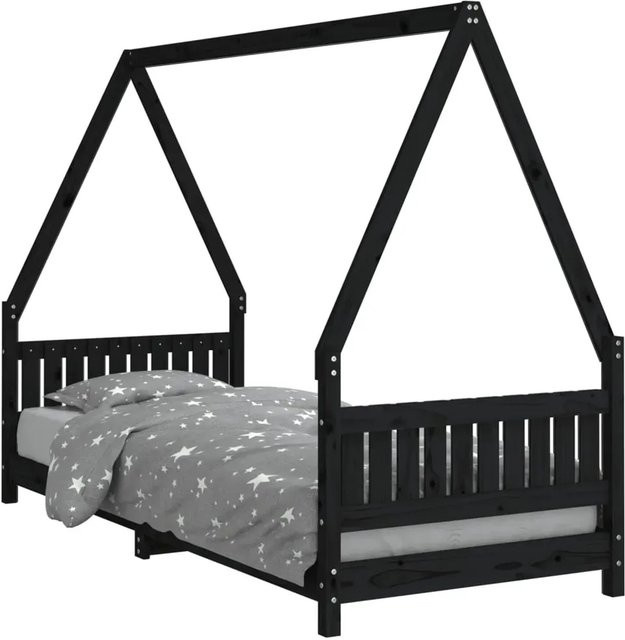 vidaXL Kinderbett Hausrahmen aus Massivholz Kiefer in Schwarz, B/T/H: 80 x 200 x 146 cm - Bild 1
