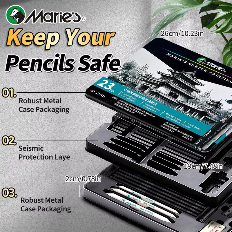 Marie’s 23-teiliges Skizzier-Bleistift-Set für Erwachsene mit Graphitstiften, Kohlestiften, Radiergummi, Spitzer und Papiermischungsstümpfen - Bild 6