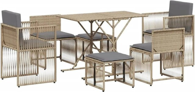 vidaXL 7-tlg Garten-Essgruppe aus PE-Rattan mit Kissen in Beige, Modell 46 - Bild 1
