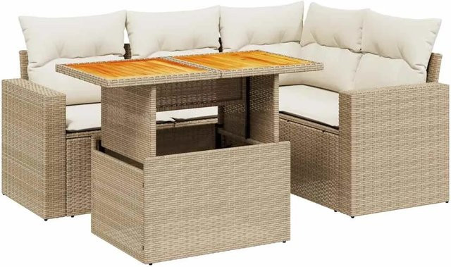 vidaXL 5-teilige Garten-Sofagarnitur aus Poly-Rattan und Akazienholz in Beige-Creme mit Kissen - Bild 1