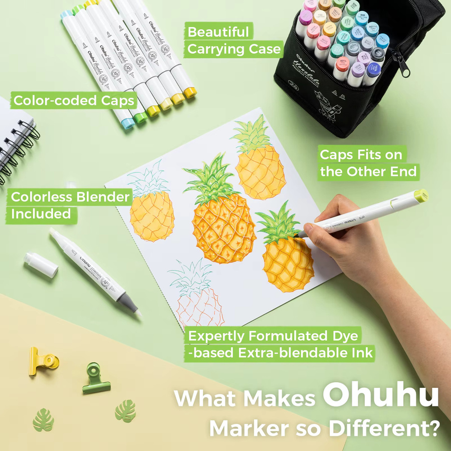 Ohuhu Honolulu Alkohol-Marker Set mit 24 Farben, nachfüllbare Doppelspitze Marker für Manga, Skizzen und Zeichnungen, Multicolor - Bild 2