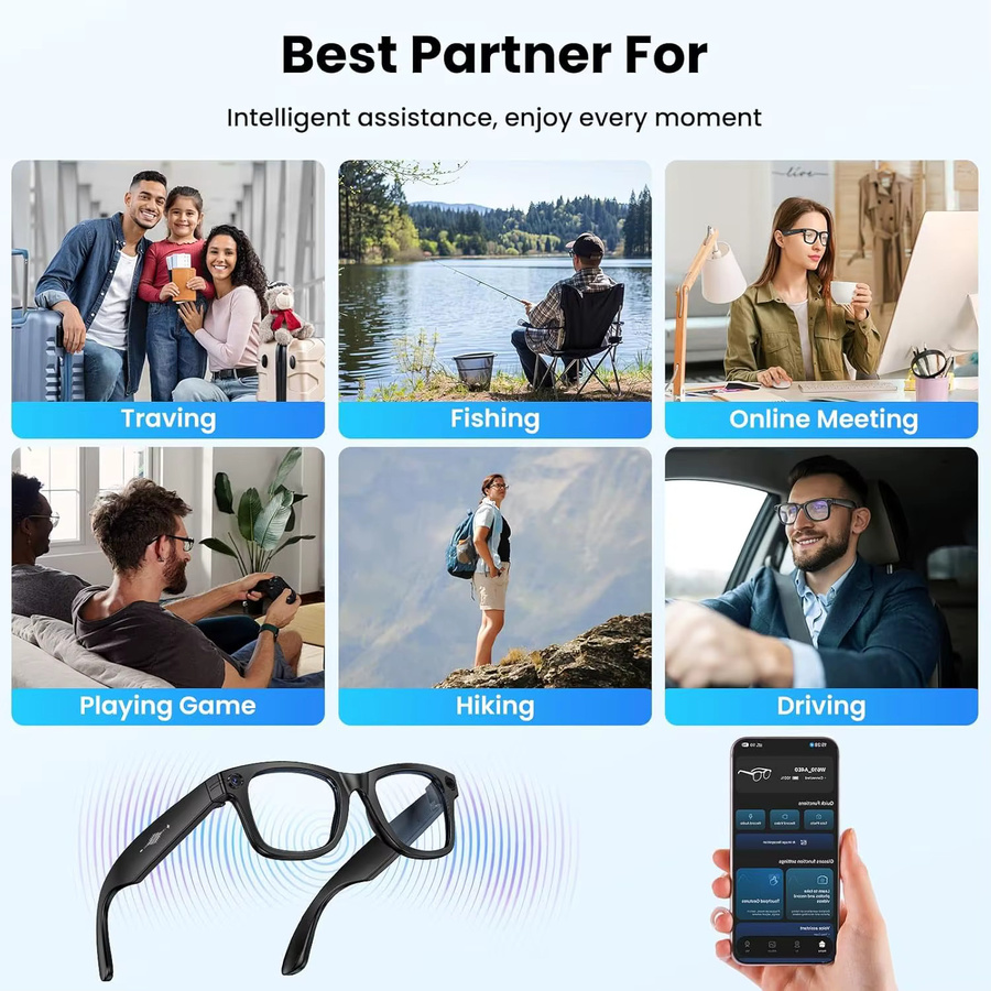 GUHUAVMI Smart Brille mit Kamera und AI Foto Erkennung in Schwarz für Videoaufnahme, Anrufe und Sprachübersetzung - Bild 6