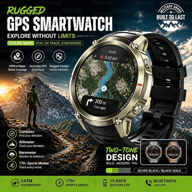 GUHUAVMI GPS-Smartwatch für Herren in Schwarz mit Offline-Karte, Kompass, Höhenmesser, Barometer, 5ATM Wasserdichtigkeit, 170+ Sportmodi und Bluetooth-Anruffunktion - Bild 1