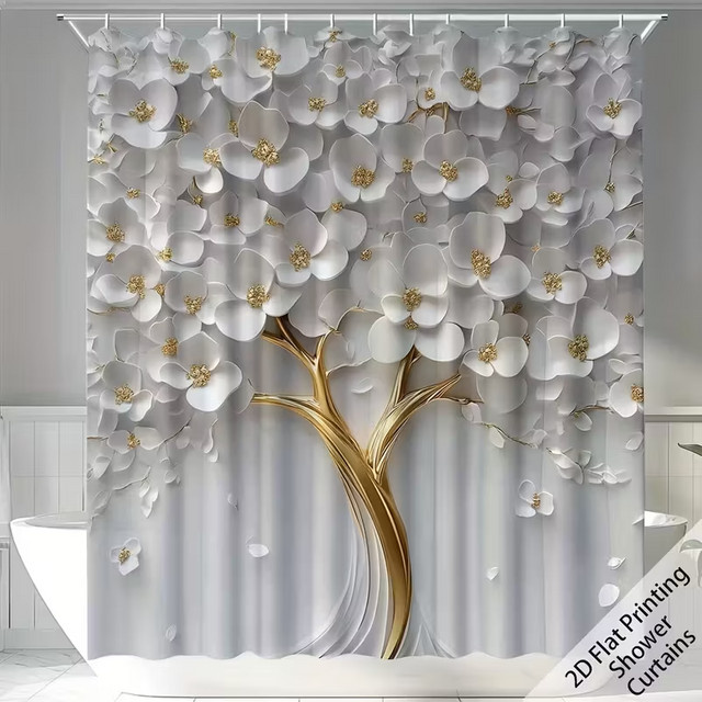 VIKAMA Duschvorhang mit goldenem Blumenmuster, wasserdicht und schimmelresistent, B/H: 90 x 180 cm - Bild 1