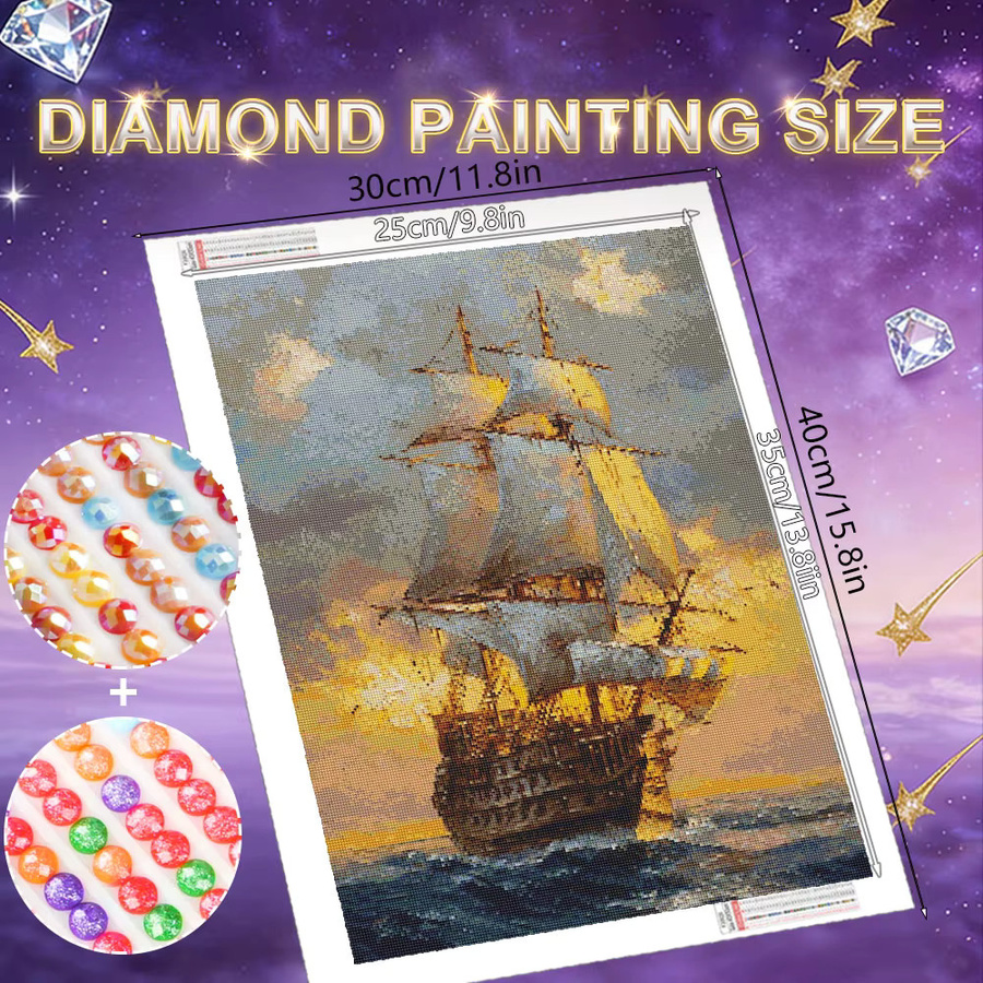 HUACAN Diamantmalerei Segelboot-Landschaft Mosaik-Set mit runden Perlen in Multicolour, B/H: 30,0 x 20,0 cm - Bild 1