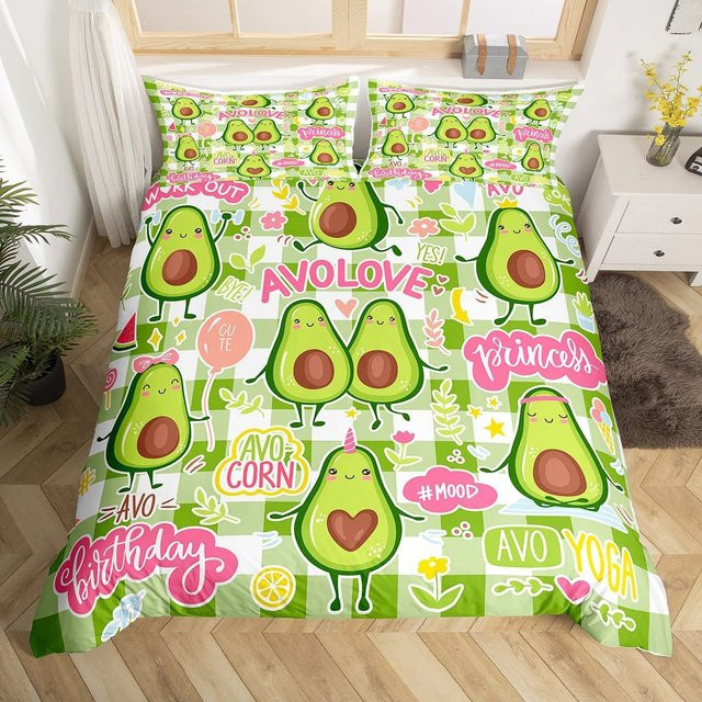Jinmeige Avocado Bettbezug-Set mit Liebesherz-Muster in Grün, bestehend aus Bettdeckenhülle und Kissenbezug aus Polyester, B/H: 135 x 200 cm - Bild 1
