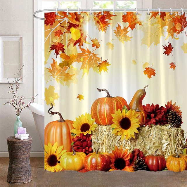Herbstlicher Duschvorhang mit Kürbis-Ernte Motiv in Orange, Bauernhaus-Stil für dein Badezimmer, B/H: 90 x 180 cm - Bild 1