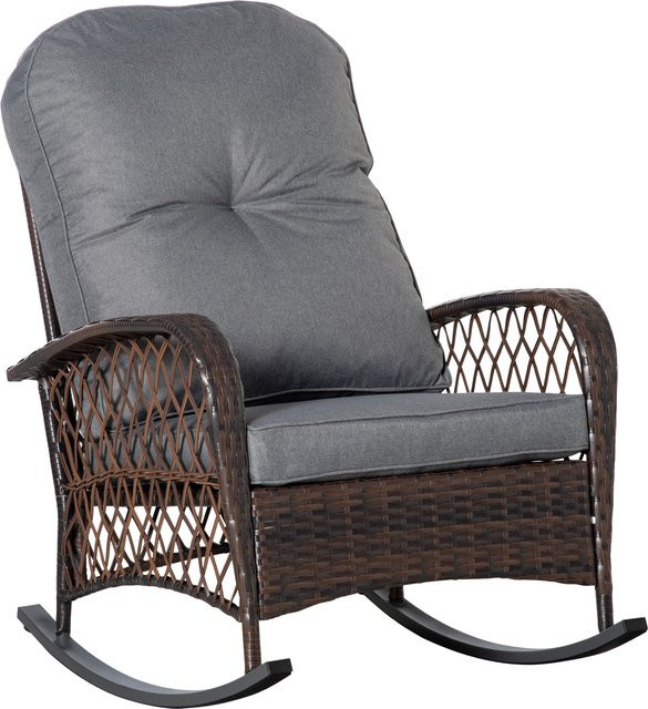 Outsunny Poly Rattan Schaukelstuhl mit Kissen in Braun, bequemer Schaukelsessel für Garten und Terrasse, B/T/H: 75 x 103 x 96 cm - Bild 1