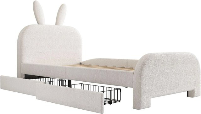 KOMHTOM Kinderbett in Hasenform mit zwei Schubladen, gepolstert aus Schafwolle, Weiß, B/T/H: 90 x 200 x 116 cm - Bild 1