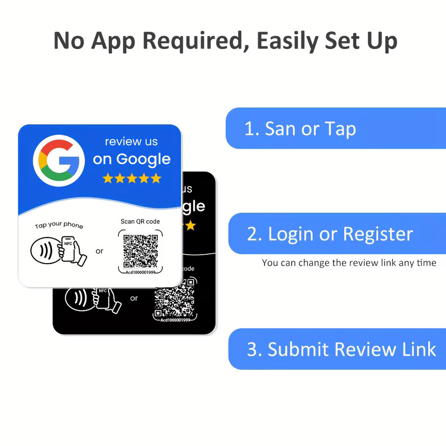 HACHANLUN Programmierbare NFC 215 Stationstisch Karte für Google Reviews und QR-Codes, stehende Markenhalterung, Weiß und Blau - Bild 4