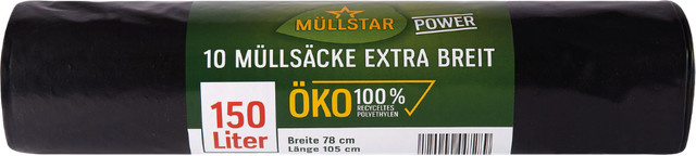 müllstar power Öko-Müllsäcke 150 Liter, extra stark, schwarz/blickdicht, B/H: 78 x 105 cm, 100 % recyceltes Polyethylen, 10 Stück - Bild 1