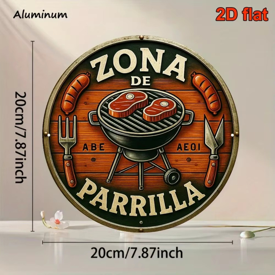 CIFBUY Retro Metallschild Zona De Parrilla Rund in Mehrfarben für den Außenbereich, Wandkunst für Terrasse und Grillraum, Durchmesser: 20 cm - Bild 3