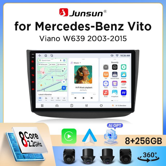 Junsun Wireless CarPlay und Android Auto Autoradio für Mercedes-Benz Vito / Viano (W639) 2003-2014 mit GPS, WiFi, Bluetooth und DSP in Schwarz - Bild 1