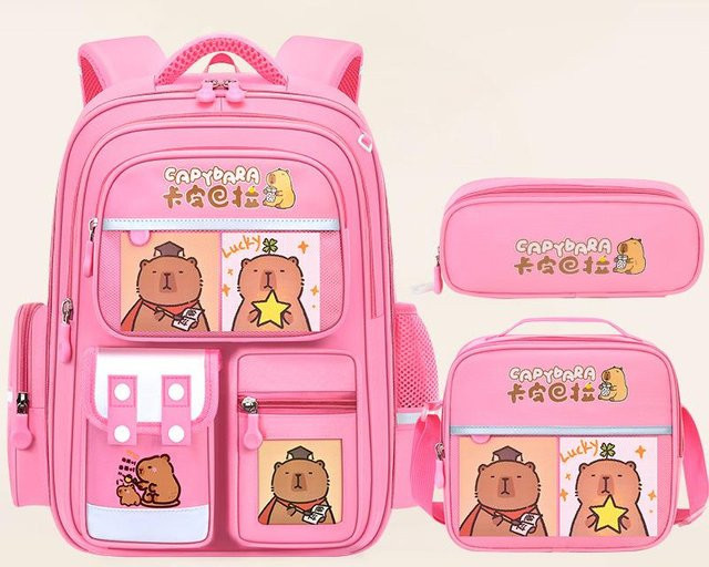 SOATIM Capybara Schultaschen Set für Jungen und Mädchen, Rosa, Niedriger Cartoon Schulrucksack mit passender Büchertasche - Bild 1