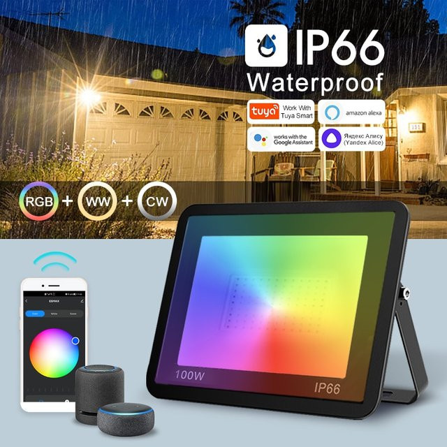 Tuya Smart RGBW LED Flutlicht mit App- und Sprachsteuerung für Garten und Outdoor, CCT 3000-6500K, Schwarz - Bild 1
