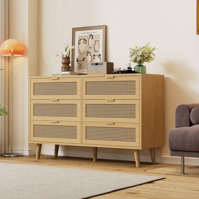 MUVOE Kommode im Vintage-Design aus Massivholz mit 6 Schubladen, Braun, B: 120 cm, H: 76,5 cm, T: 40 cm - Bild 1