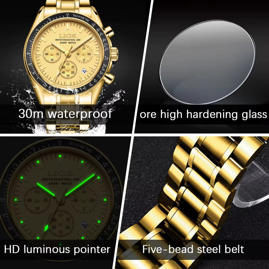 LIGE Armbanduhr Quarz, Edelstahl, Gold, Herren - Bild 4