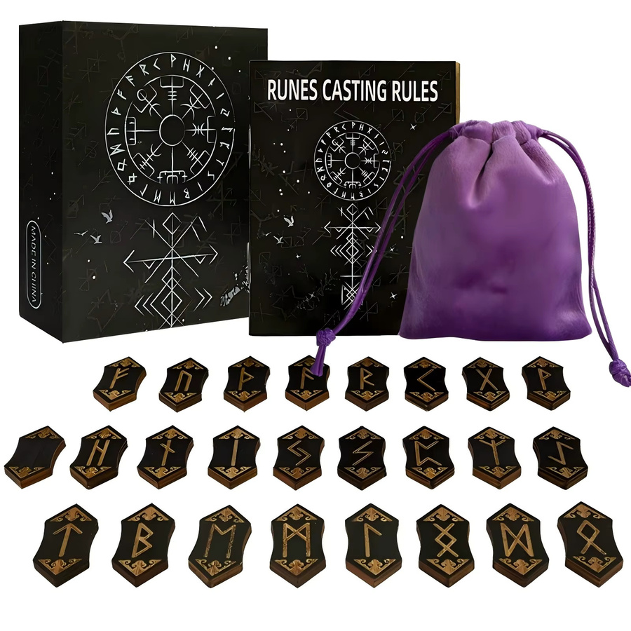 Vikings Jewelry Runen-Set aus Holz mit Aufbewahrungstasche und Guide Buch für Meditation und Wahrsagerei in Schwarz - Bild 3