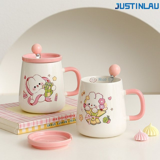 JUSTINLAU Keramik-Milchtasse mit Deckel und Löffel, Niedliche Cartoon-Kaffeebecher, Weiß, 350 ml - Bild 1