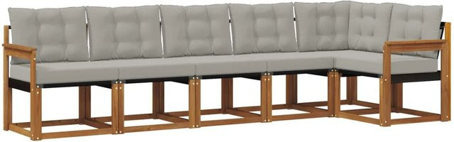 vidaXL Outdoor-Sofagarnitur 6-teilig aus Akazienholz mit Textilene und Kissen in Natur und Grau - Bild 1
