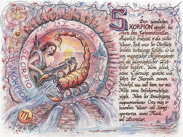 Sternbild Skorpion Poster auf Antikpapier im A4-Format, Vintage Typografie Wandposter in Mehrfarbig - Bild 1