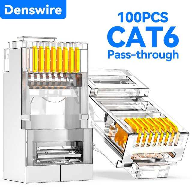 Denswire 100 Stück RJ45 Modularstecker Pass-Through CAT6 Ethernet-LAN Verbinder, vergoldet, transparent - Bild 1