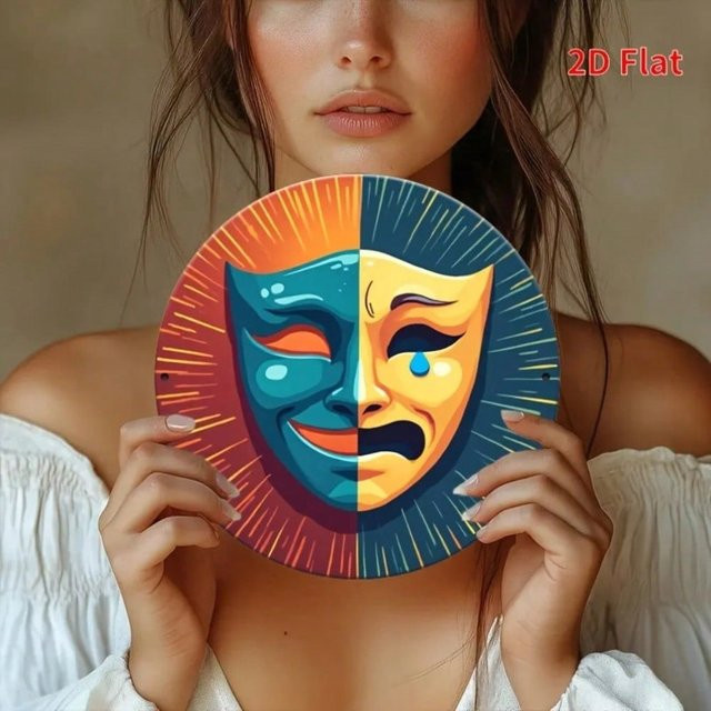 Vintage Metallschild CIFBUY mit Drama-Masken in Blaugrün und Rot, runde Wandkunst für dein Zuhause - Bild 1