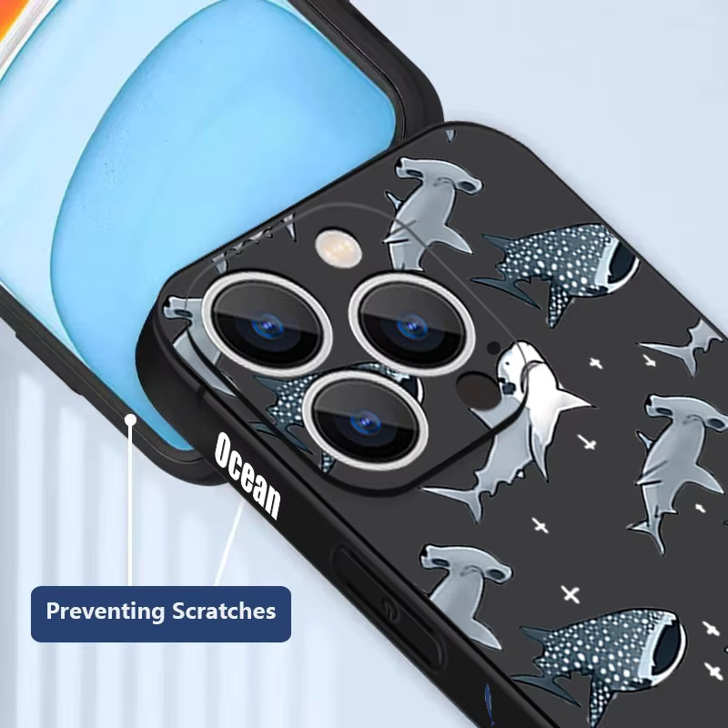 Stoßfeste TPU-Telefonhülle von MOESOE mit Walhai und Delphin Motiv für iPhone 16 15 14 13 12 Pro Max in Grau oder Schwarz - Bild 4