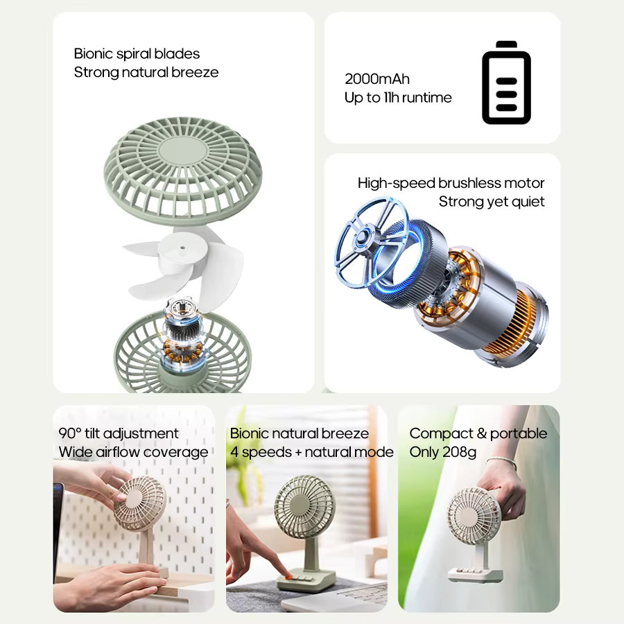 Kinscoter Vintage-Schreibtischventilator in Beige mit 2000 mAh Akku, wiederaufladbarer Mini-Luftzirkulator mit 5 Geschwindigkeitsstufen und winkelverstellbarer Funktion - Bild 2